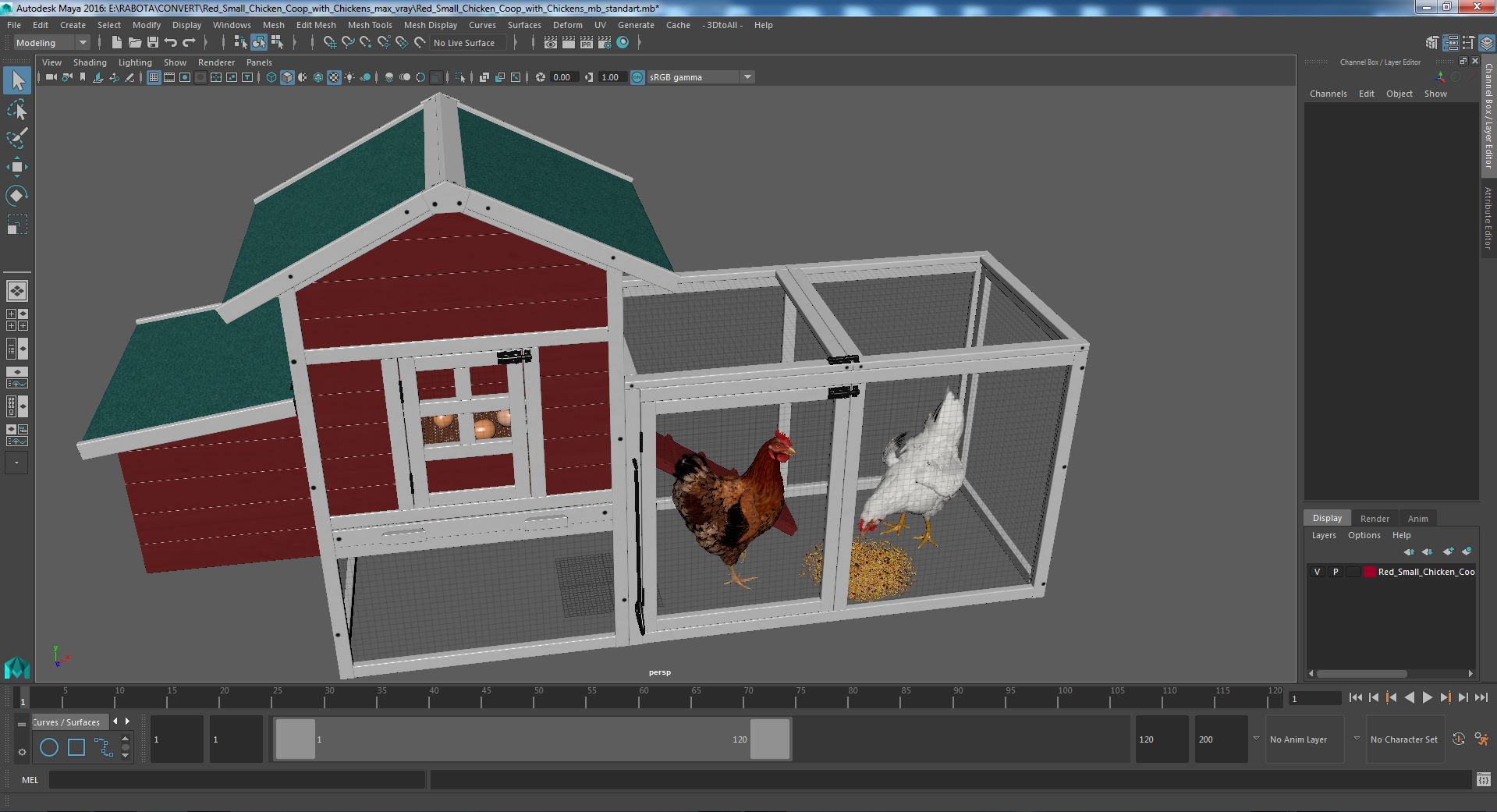 3D Red Small Chicken Coop with Chickens