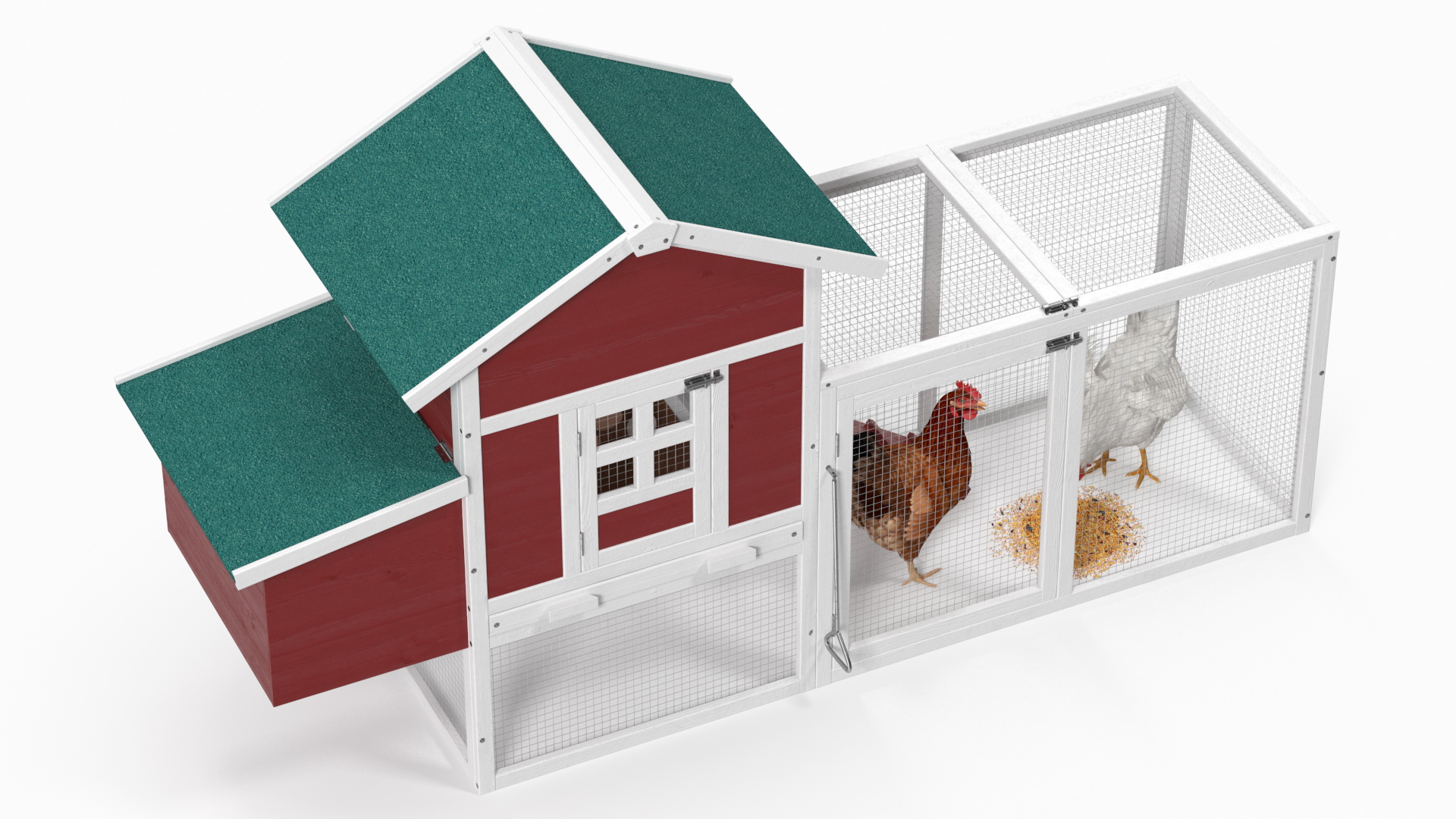 3D Red Small Chicken Coop with Chickens