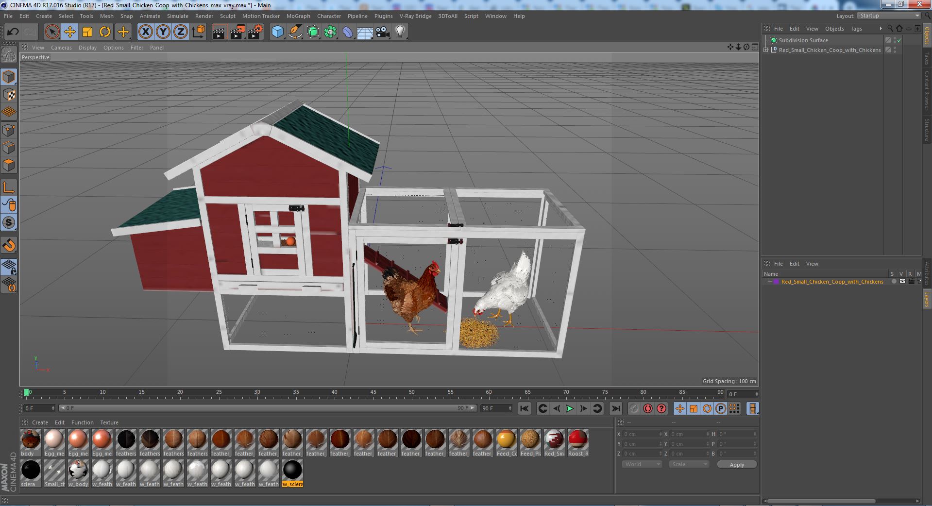 3D Red Small Chicken Coop with Chickens