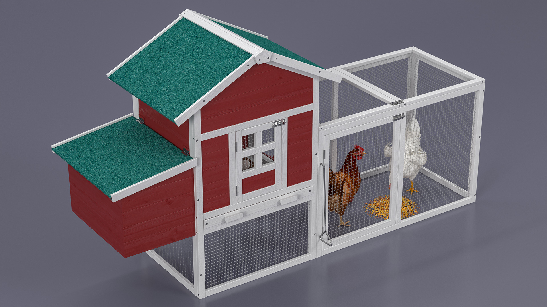 3D Red Small Chicken Coop with Chickens