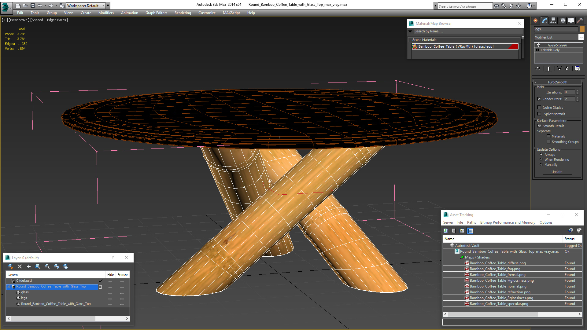 3D model Round Bamboo Coffee Table with Glass Top