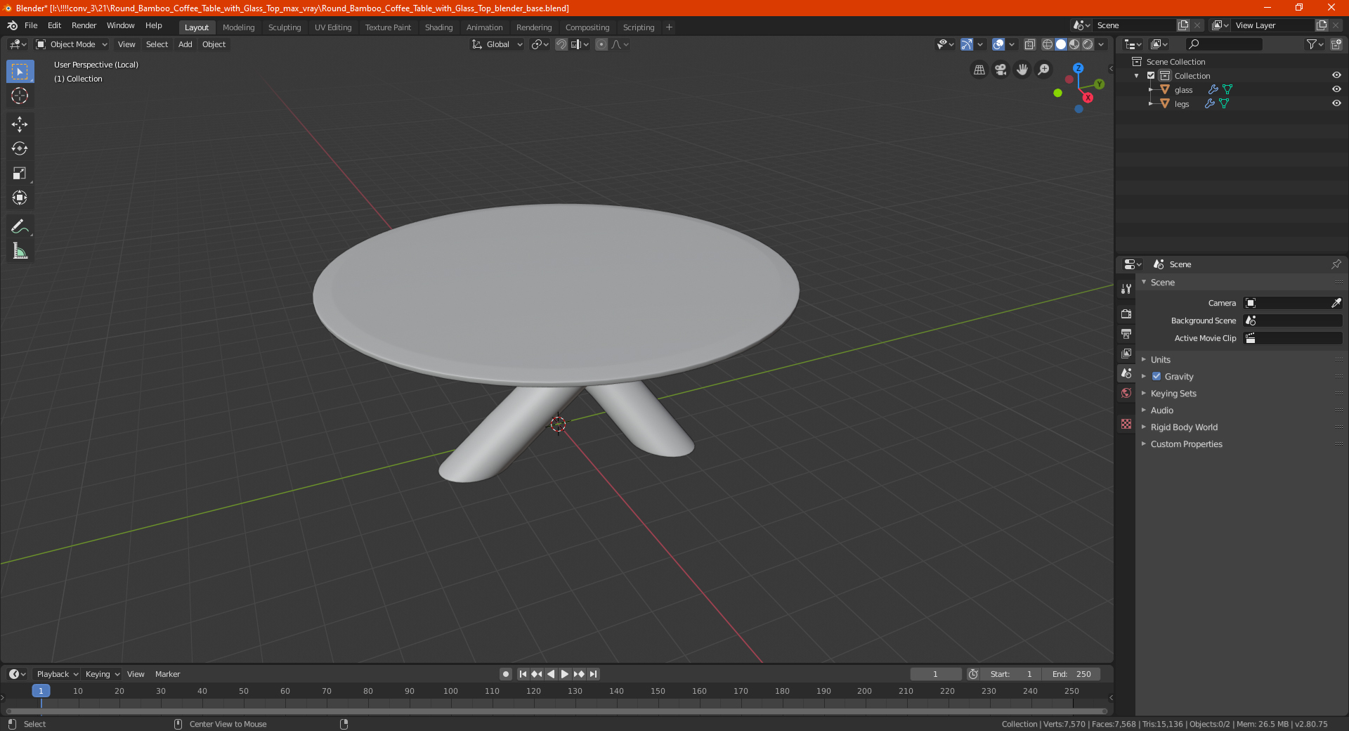 3D model Round Bamboo Coffee Table with Glass Top
