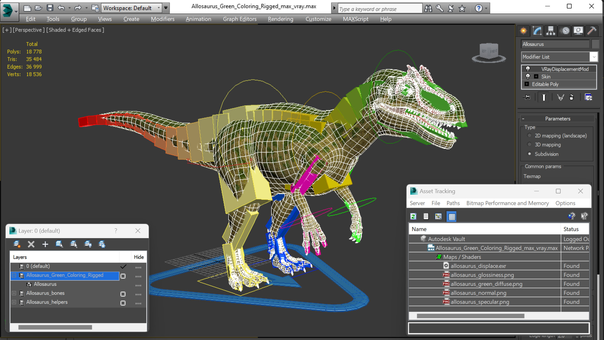 3D Allosaurus Green Coloring Rigged for Cinema 4D