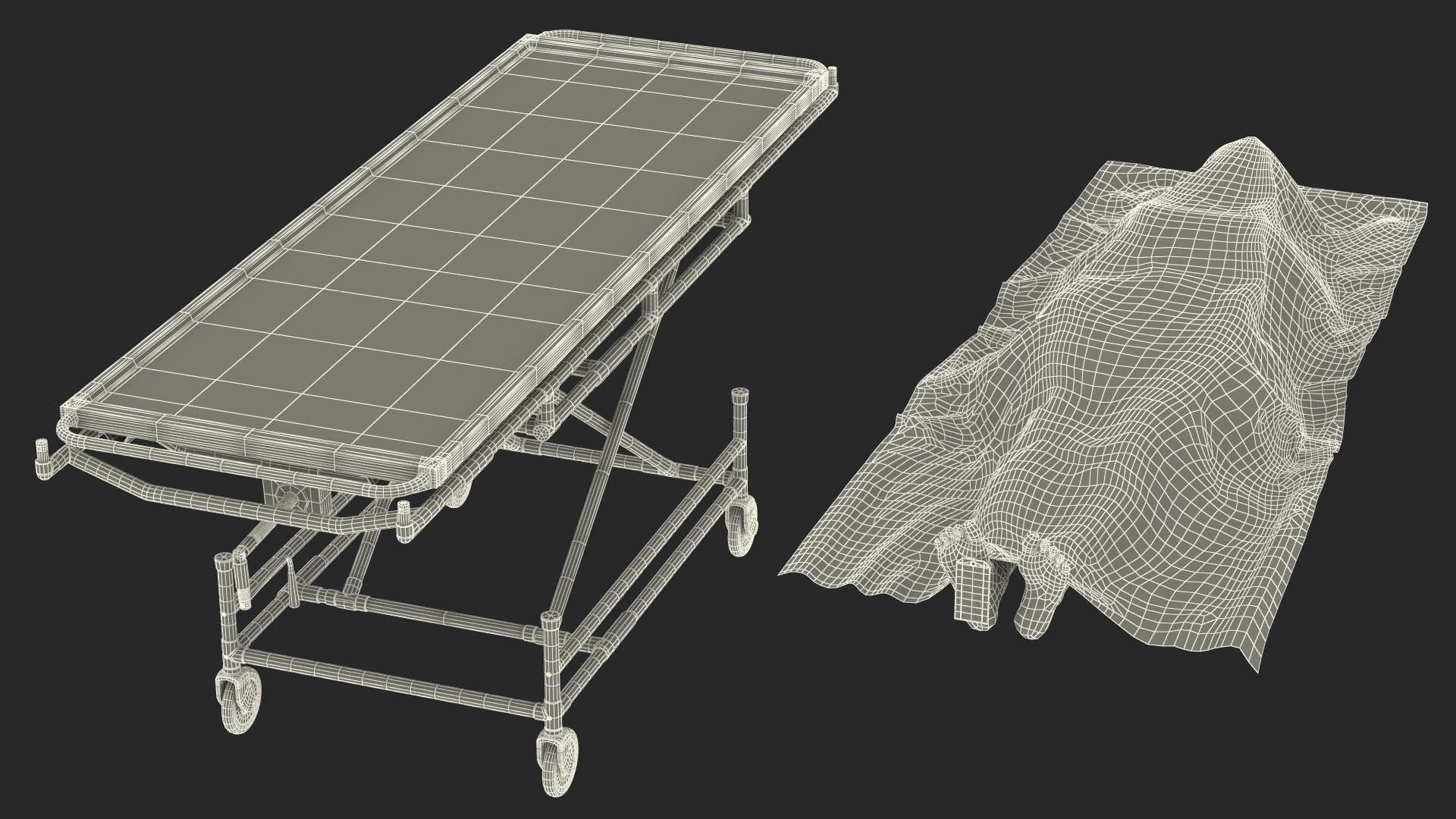 3D Morgue Gurney with Female Corpse and Tray