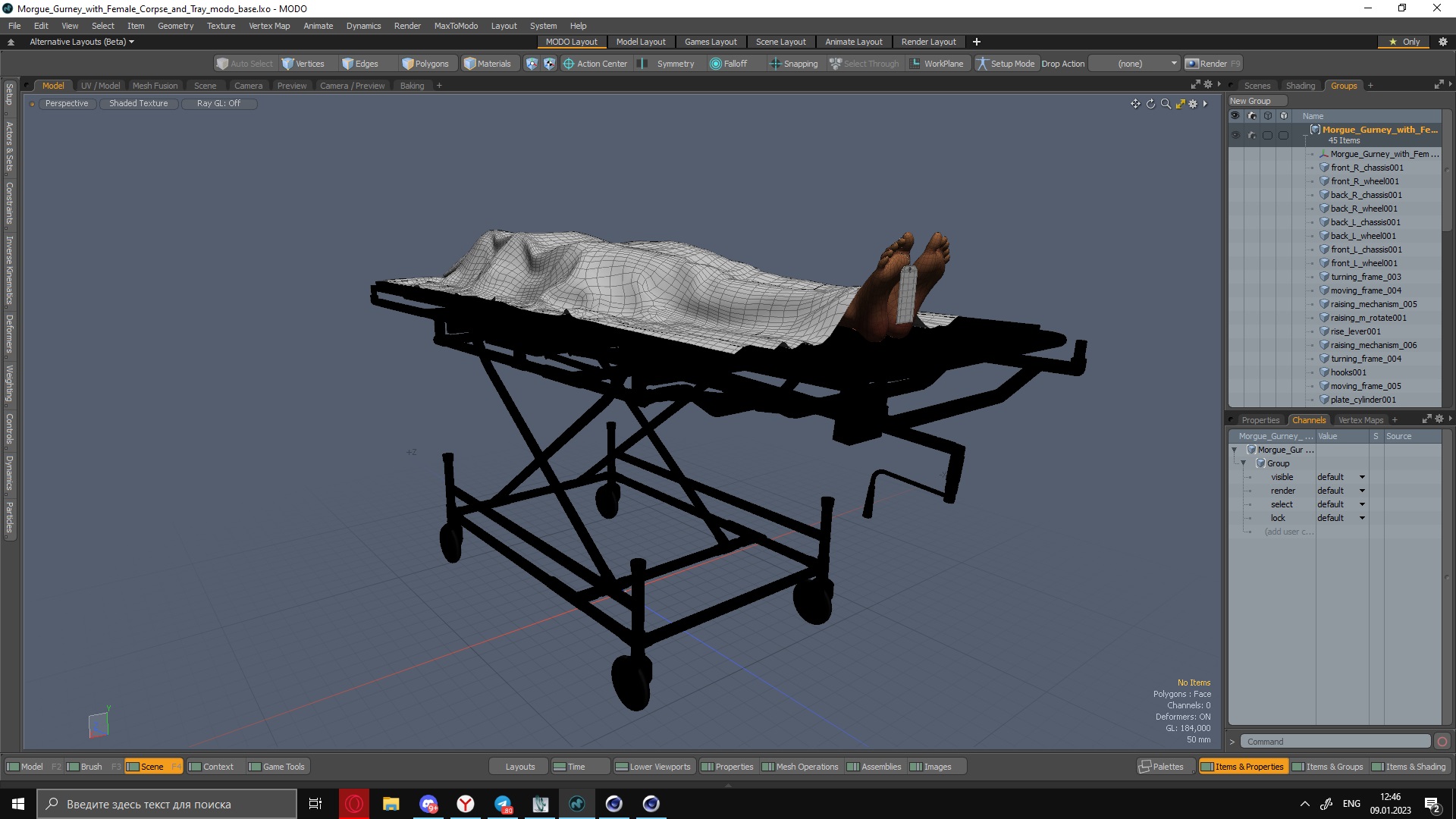 3D Morgue Gurney with Female Corpse and Tray