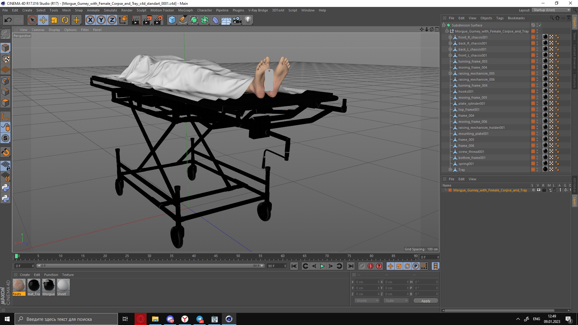 3D Morgue Gurney with Female Corpse and Tray