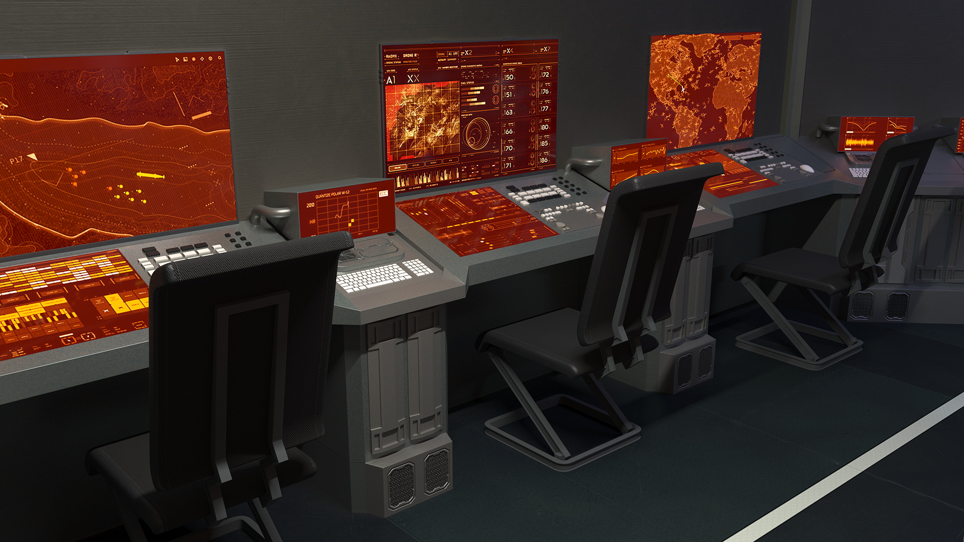 3D Command Room with Operators Red