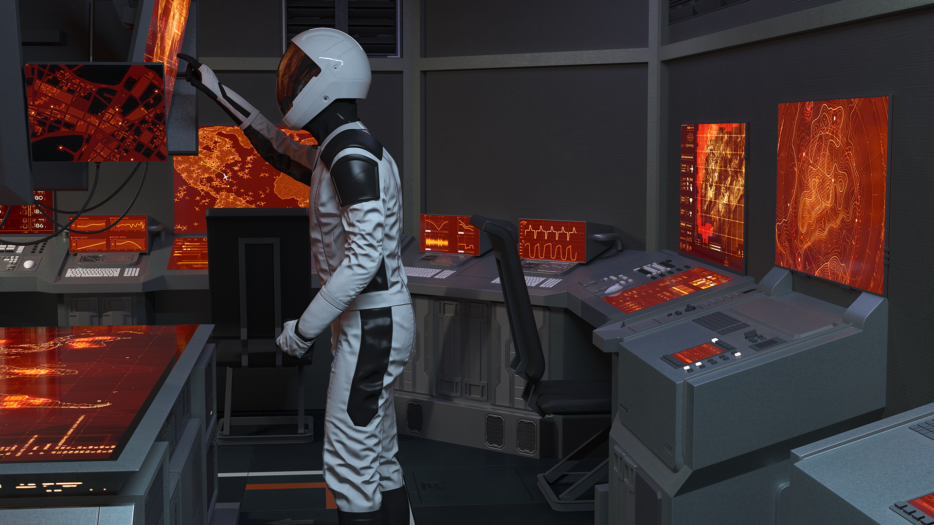 3D Command Room with Operators Red