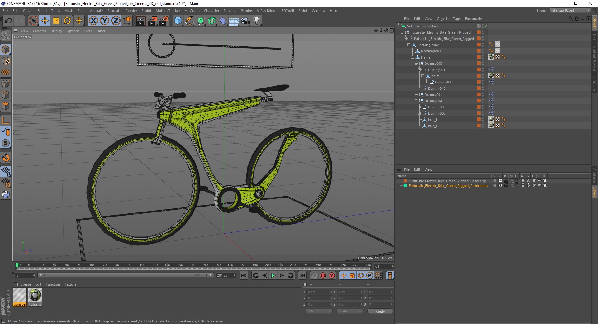 3D Futuristic Electric Bike Green Rigged for Cinema 4D