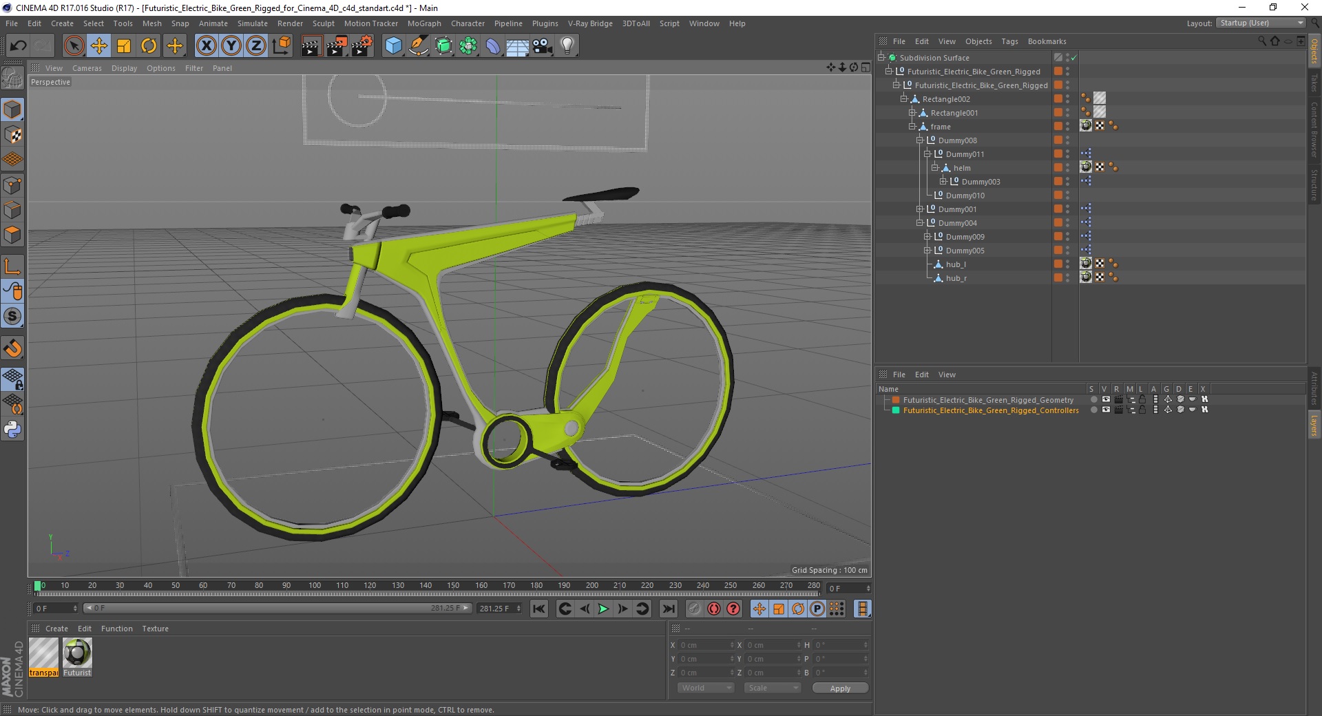 3D Futuristic Electric Bike Green Rigged for Cinema 4D