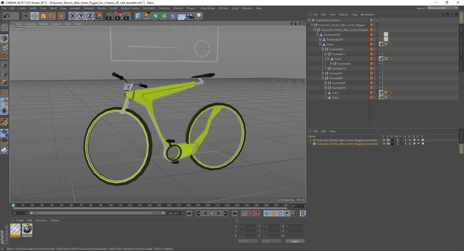 3D Futuristic Electric Bike Green Rigged for Cinema 4D