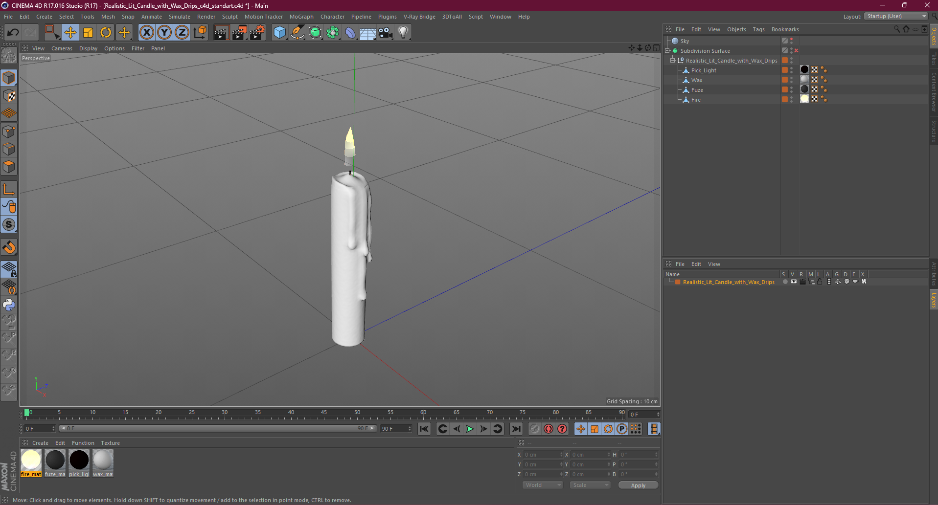 3D model Realistic Lit Candle with Wax Drips