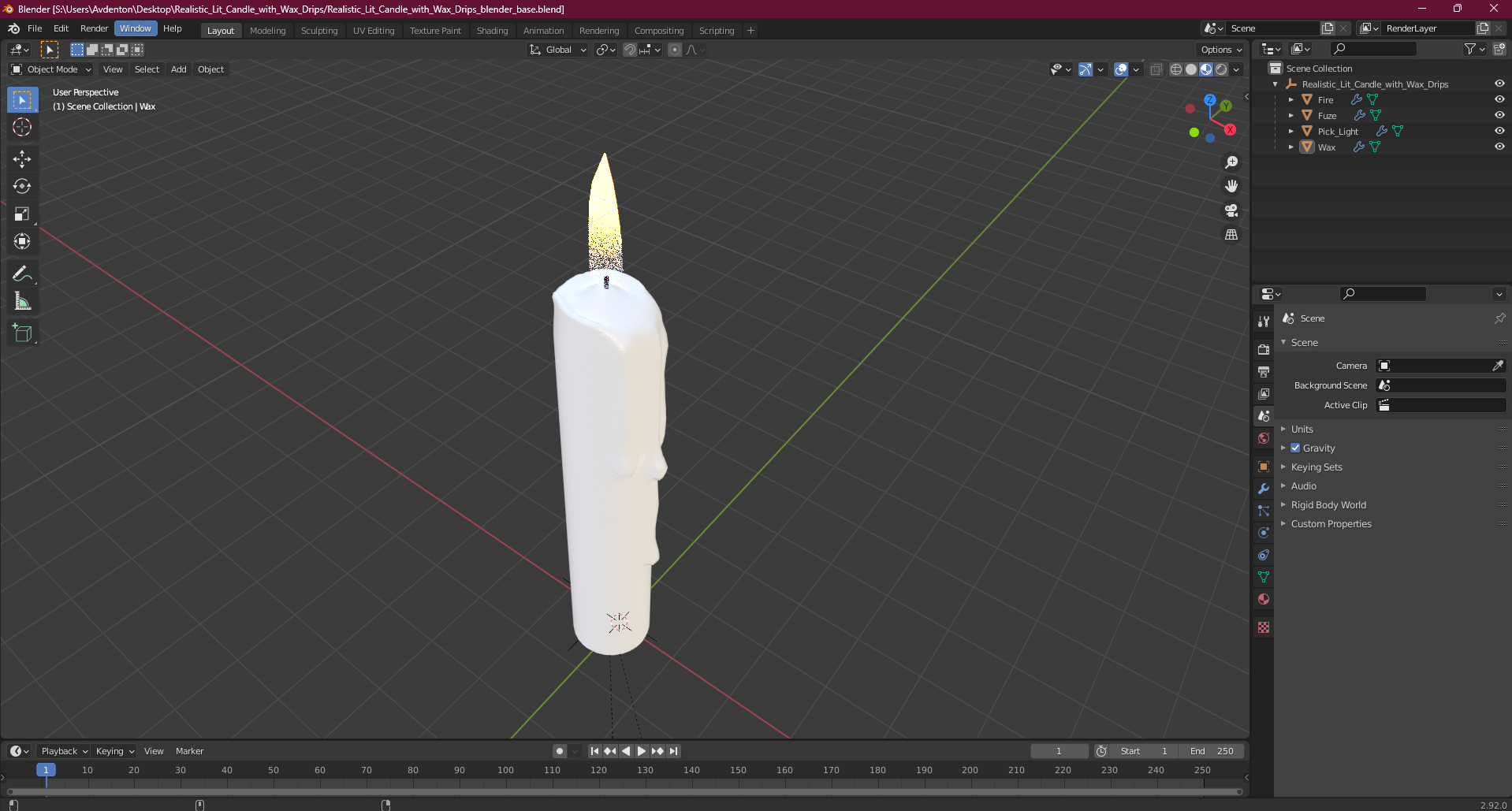 3D model Realistic Lit Candle with Wax Drips