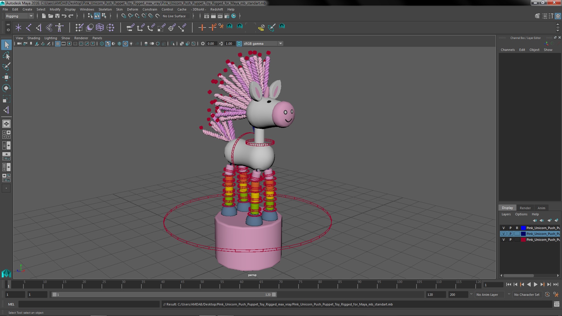 Pink Unicorn Push Puppet Toy Rigged for Maya 3D model