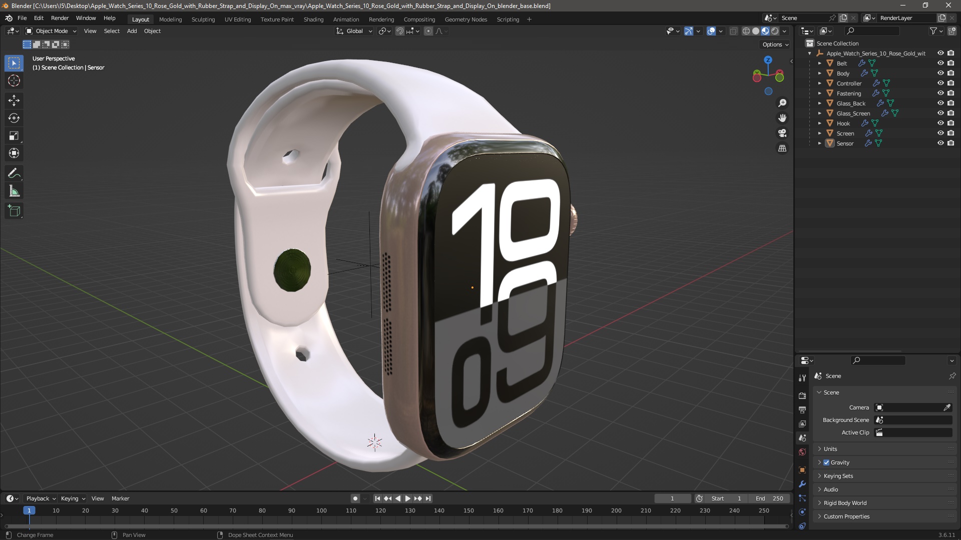 Apple Watch Series 10 Rose Gold with Rubber Strap and Display On 3D model