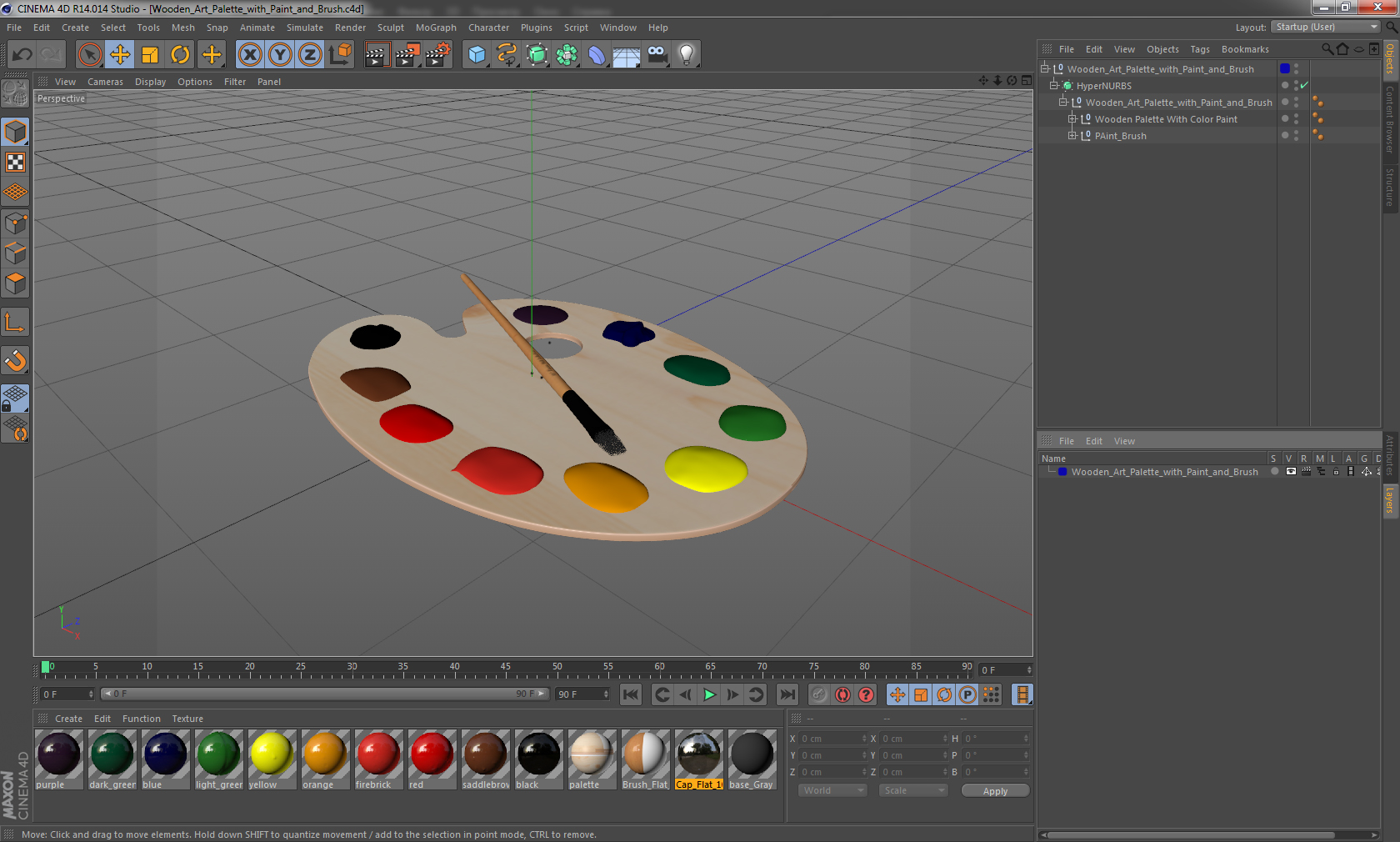 Wooden Art Palette with Paint and Brush 3D model
