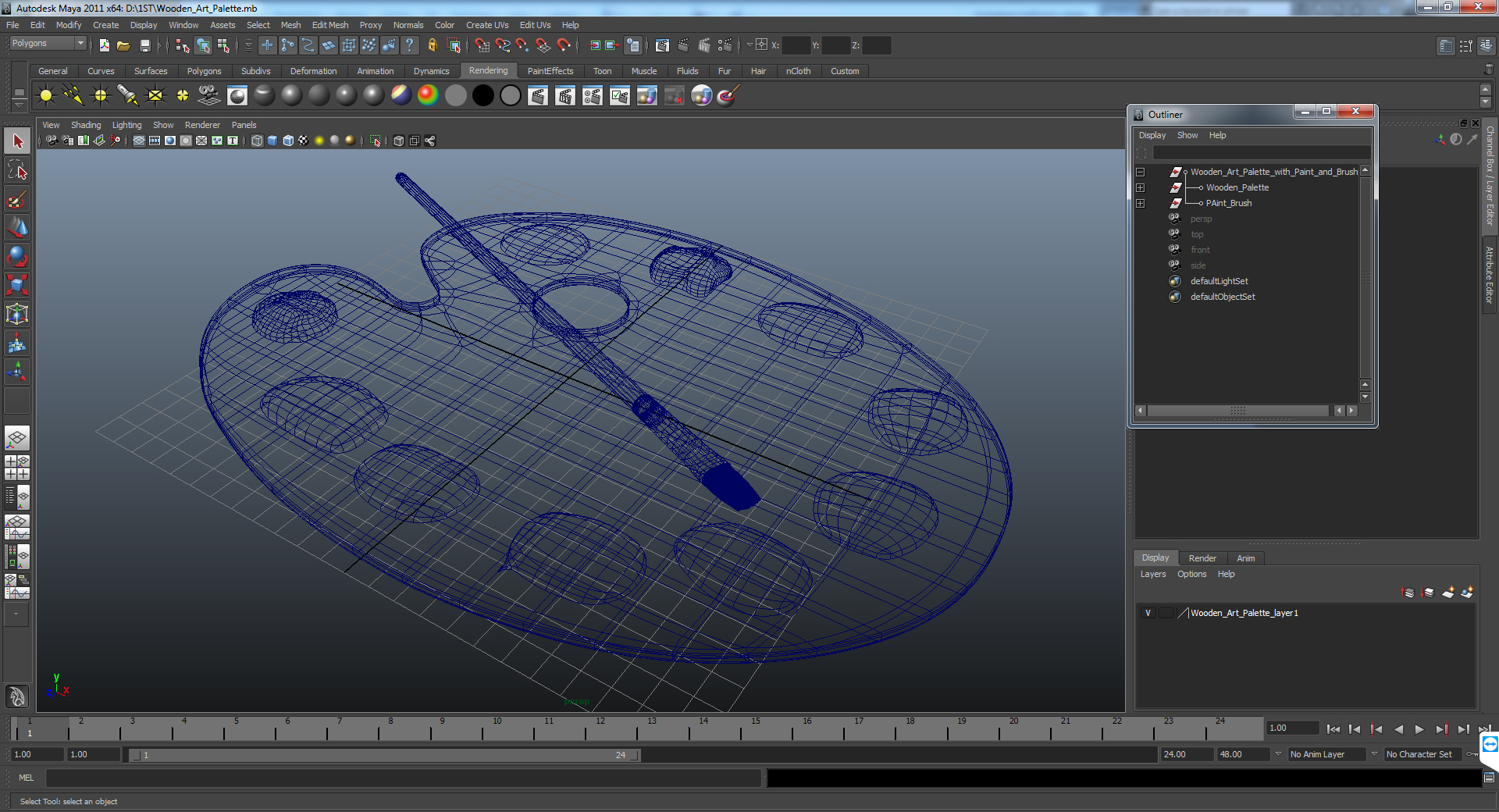 Wooden Art Palette with Paint and Brush 3D model