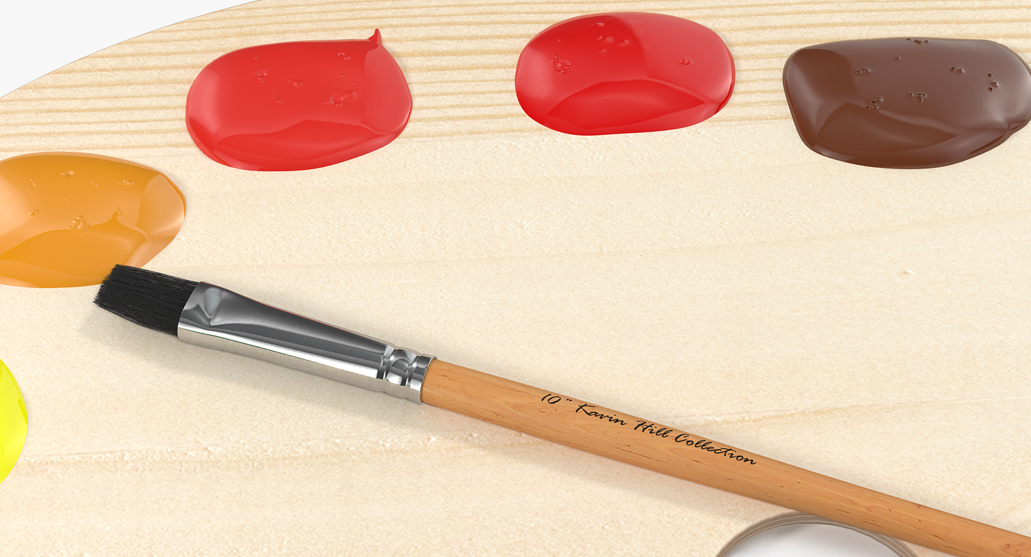 Wooden Art Palette with Paint and Brush 3D model