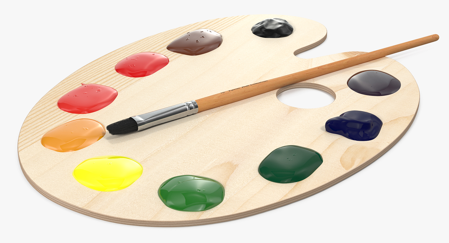 Wooden Art Palette with Paint and Brush 3D model