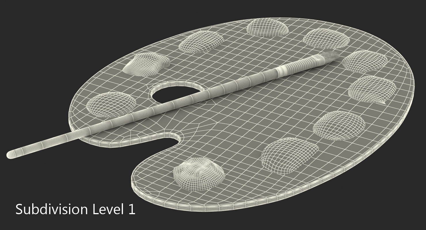 Wooden Art Palette with Paint and Brush 3D model