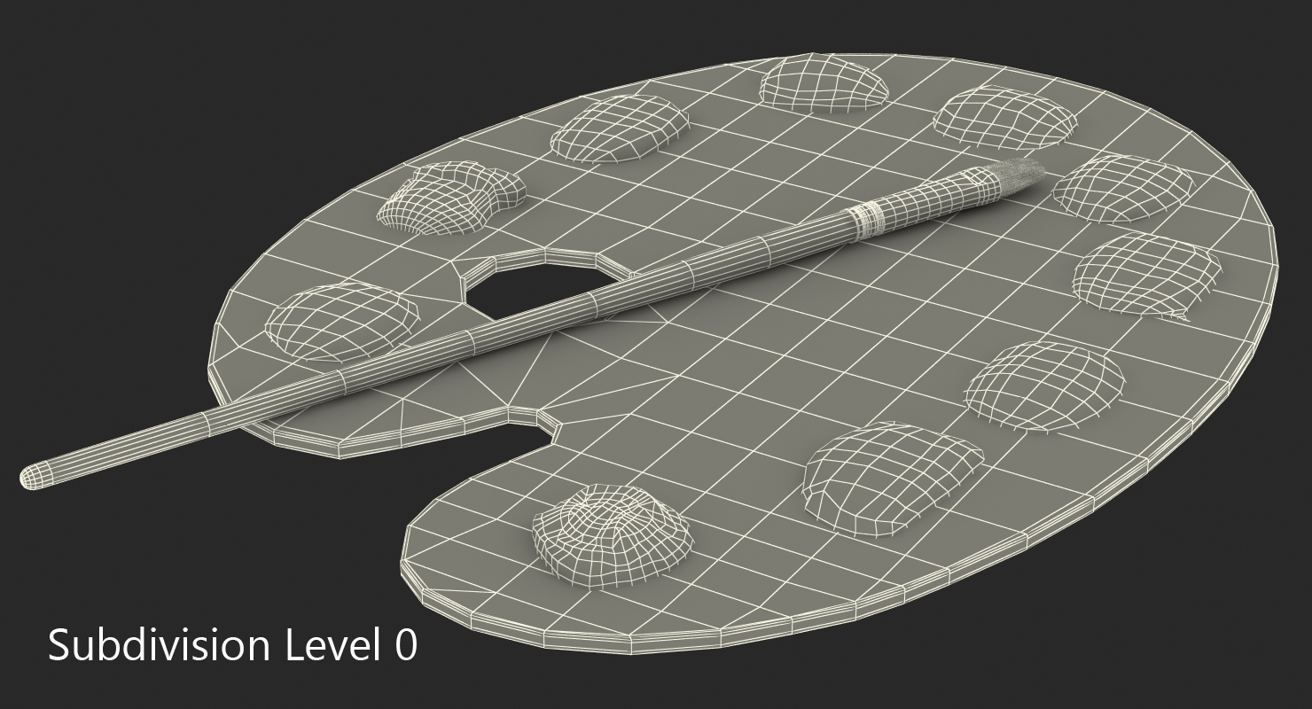Wooden Art Palette with Paint and Brush 3D model