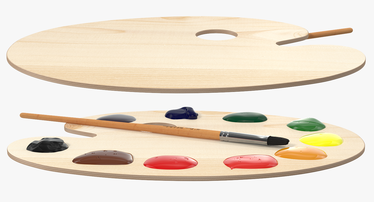 Wooden Art Palette with Paint and Brush 3D model