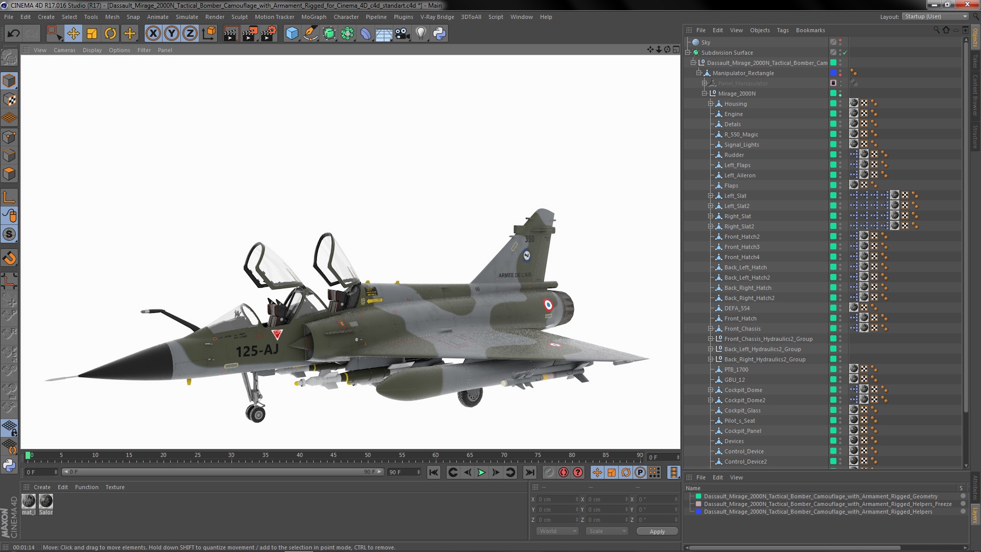 3D Dassault Mirage 2000N Tactical Bomber Camouflage with Armament Rigged for Cinema 4D model