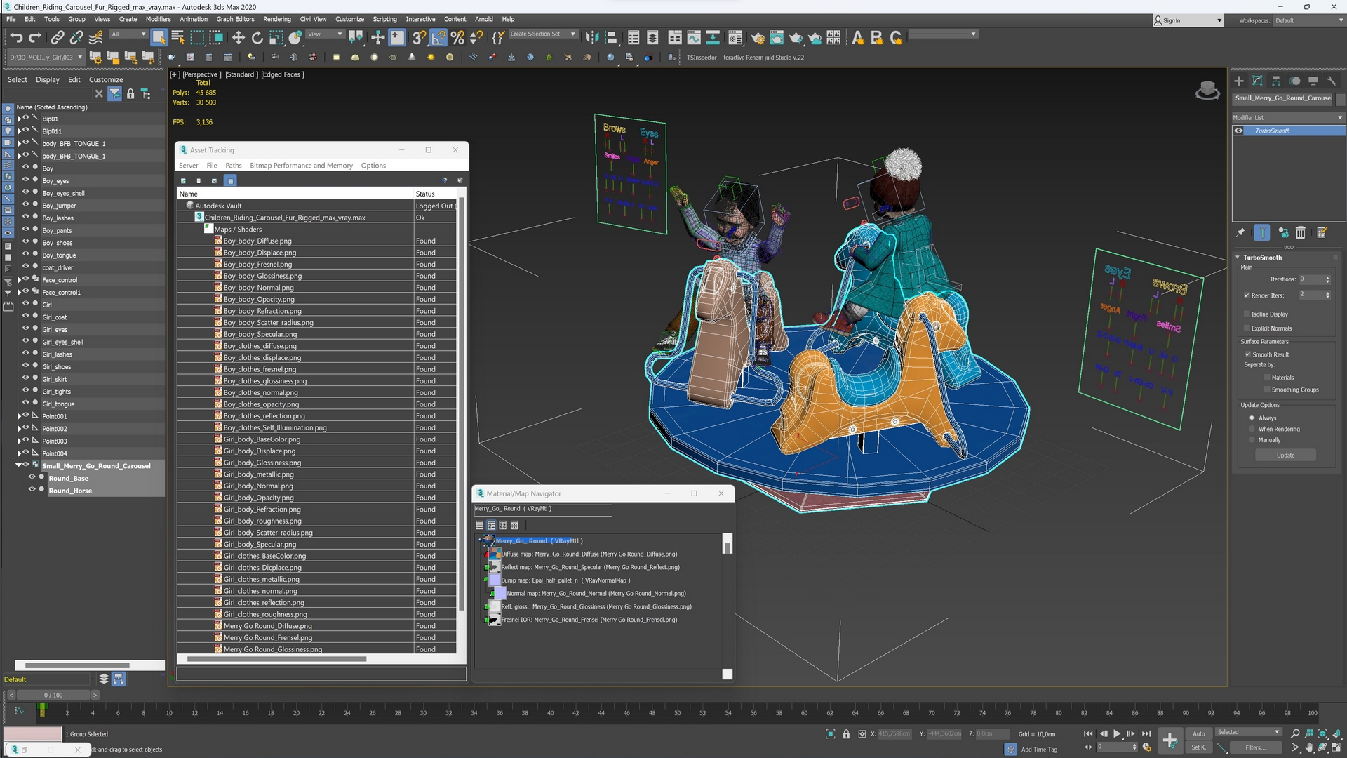 3D model Children Riding Carousel Fur Rigged
