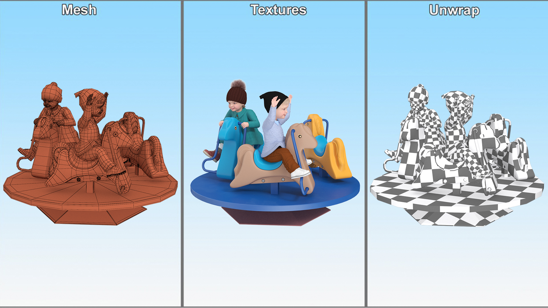 3D model Children Riding Carousel Fur Rigged