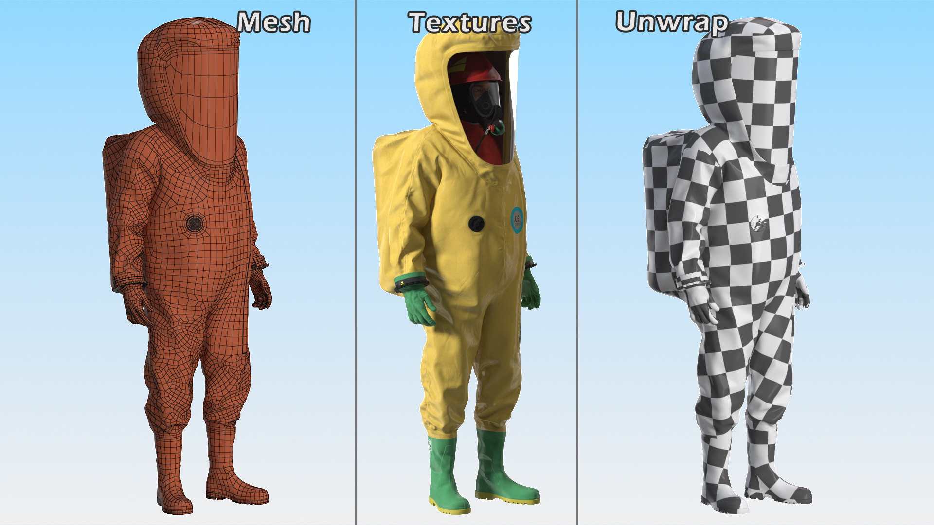 3D Heavy Duty Chemical Protective Suit Standing Pose Yellow