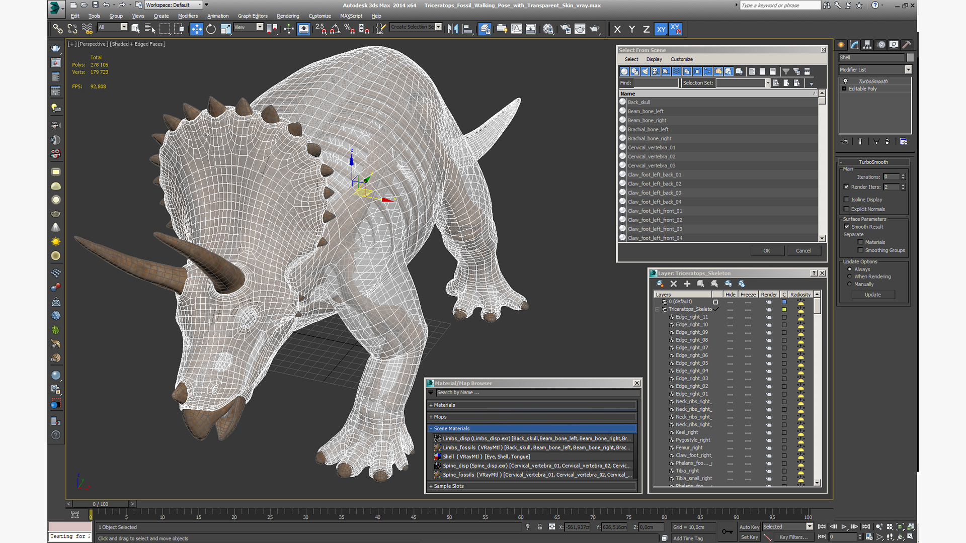 3D Triceratops Fossil Walking Pose with Transparent Skin model