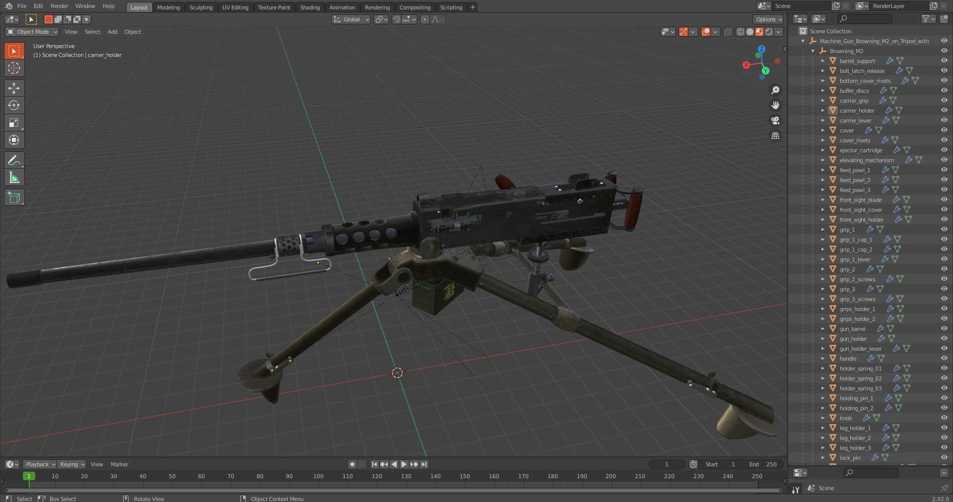 3D Machine Gun Browning M2 on Tripod with Ammunition Box model