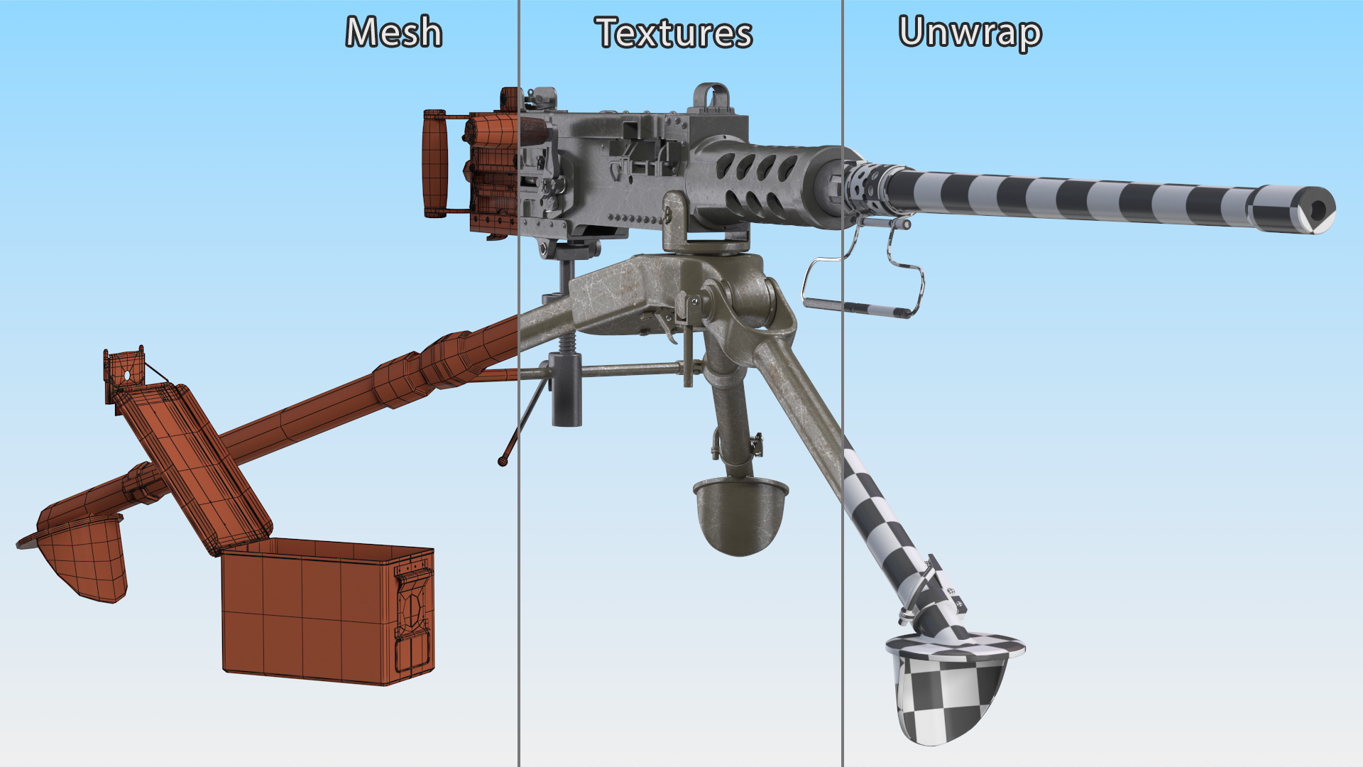 3D Machine Gun Browning M2 on Tripod with Ammunition Box model