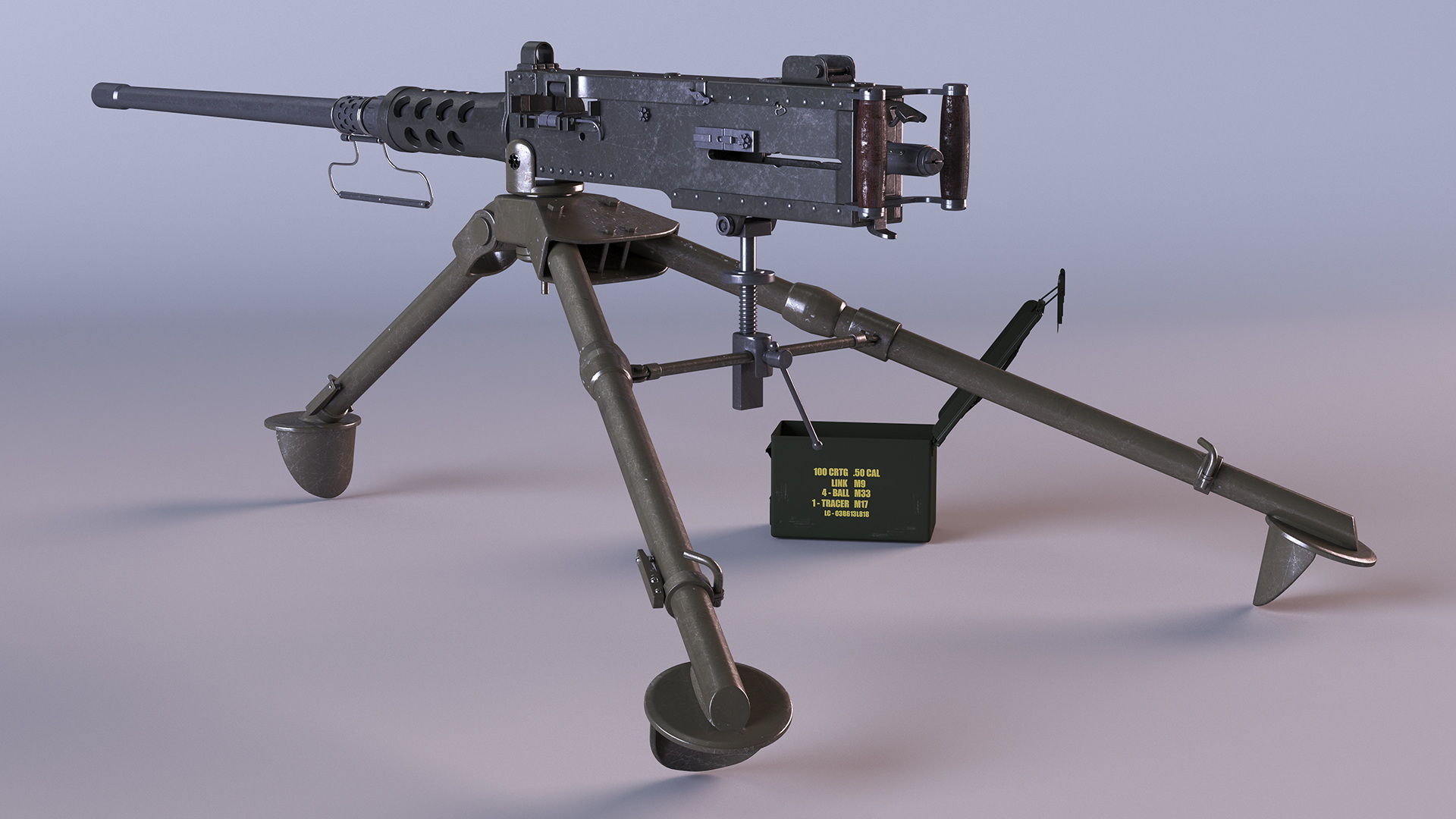 3D Machine Gun Browning M2 on Tripod with Ammunition Box model