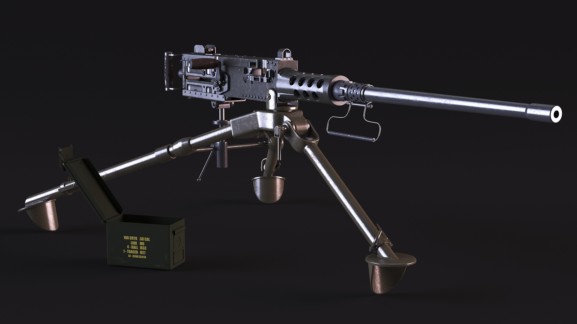 3D Machine Gun Browning M2 on Tripod with Ammunition Box model