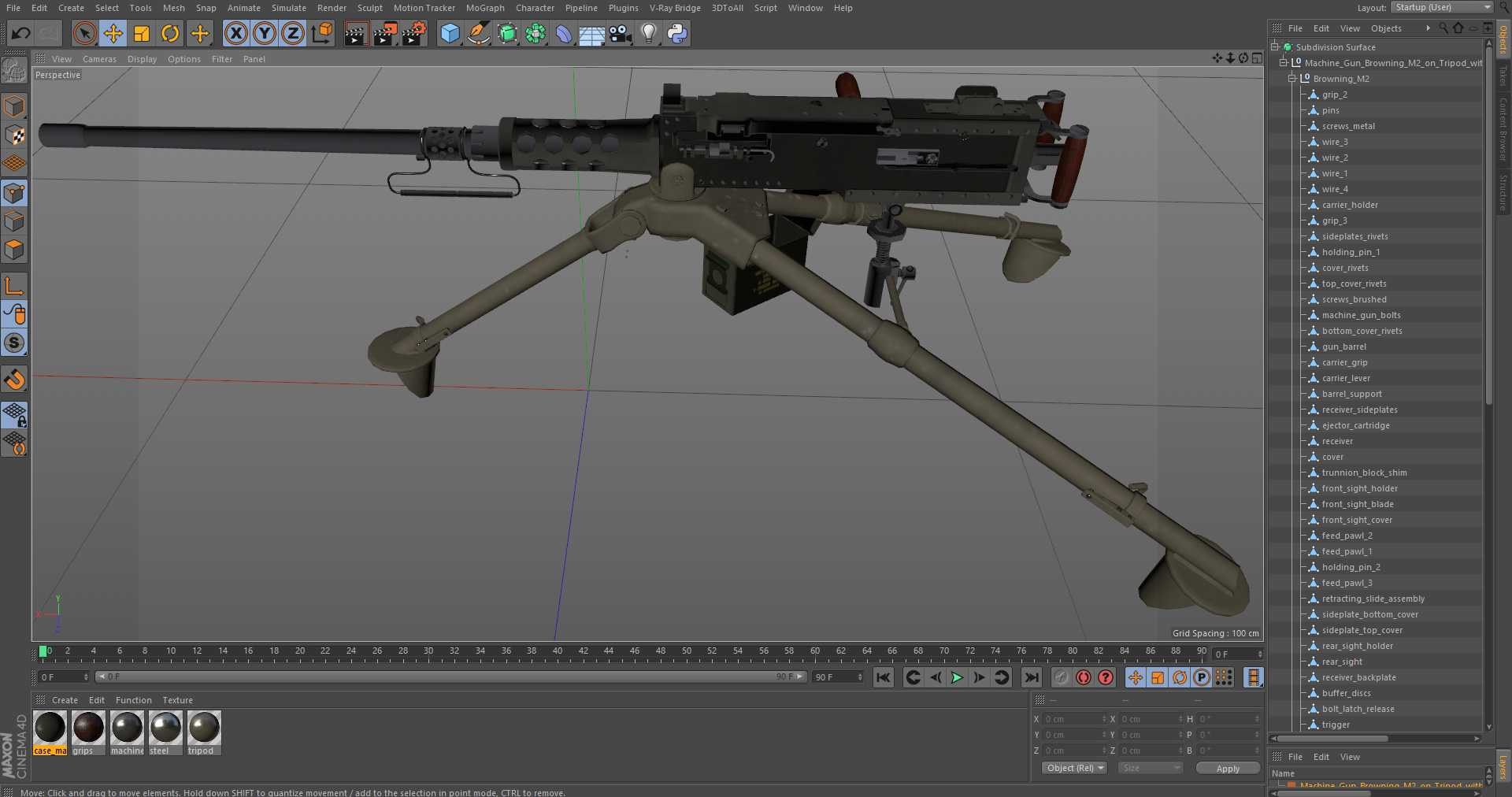 3D Machine Gun Browning M2 on Tripod with Ammunition Box model