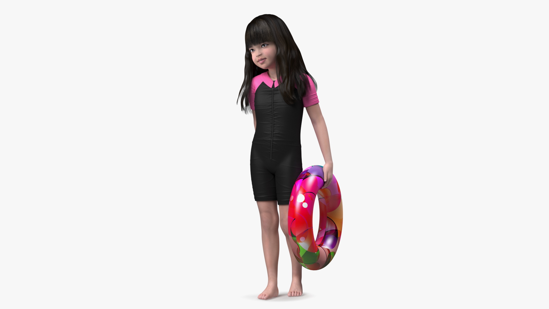 3D model Chinese Baby Girl in Swimsuit Walks with Inflatable Toy