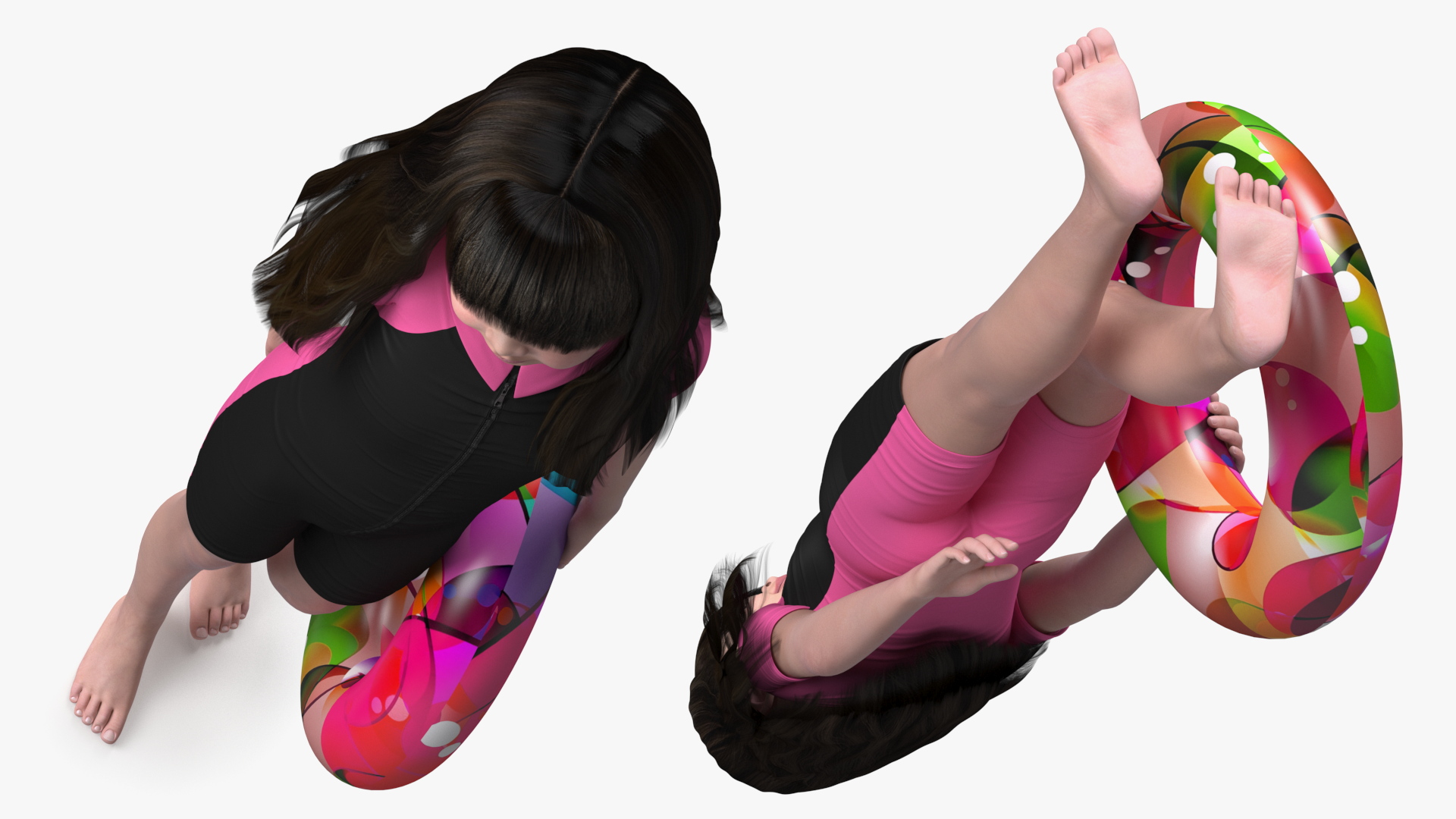 3D model Chinese Baby Girl in Swimsuit Walks with Inflatable Toy