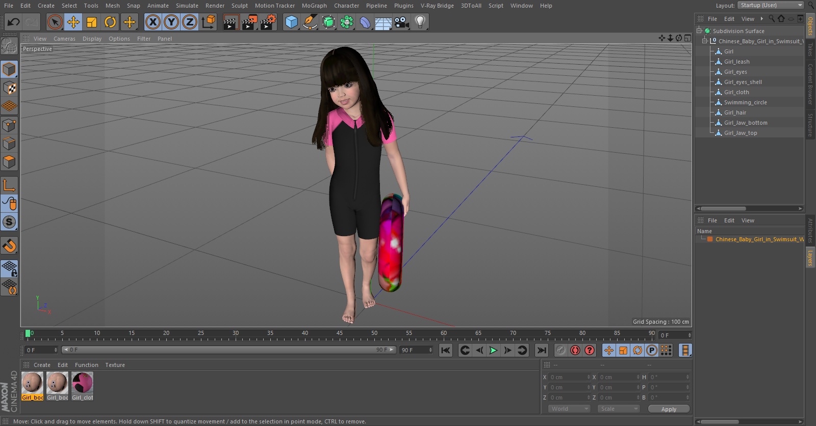 3D model Chinese Baby Girl in Swimsuit Walks with Inflatable Toy