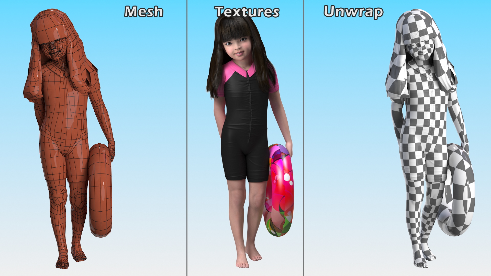 3D model Chinese Baby Girl in Swimsuit Walks with Inflatable Toy