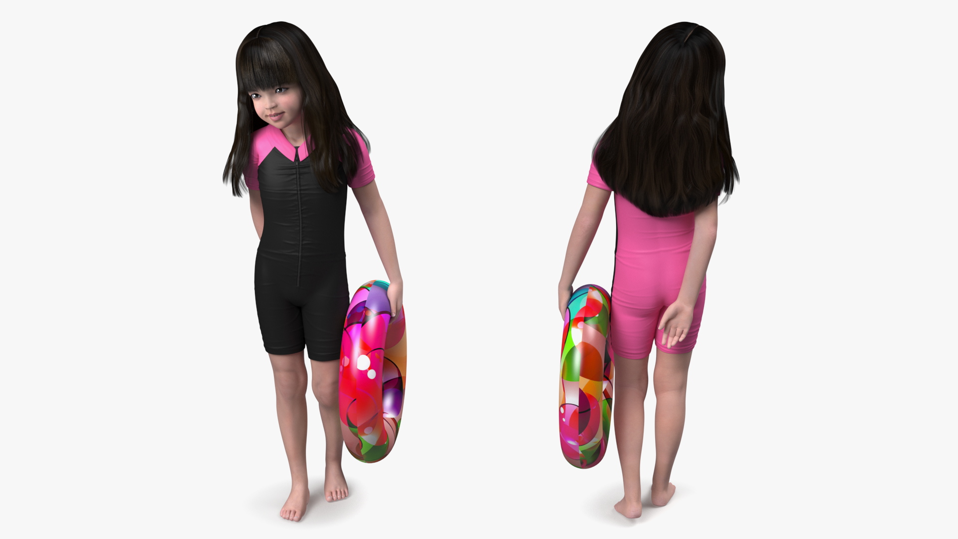 3D model Chinese Baby Girl in Swimsuit Walks with Inflatable Toy