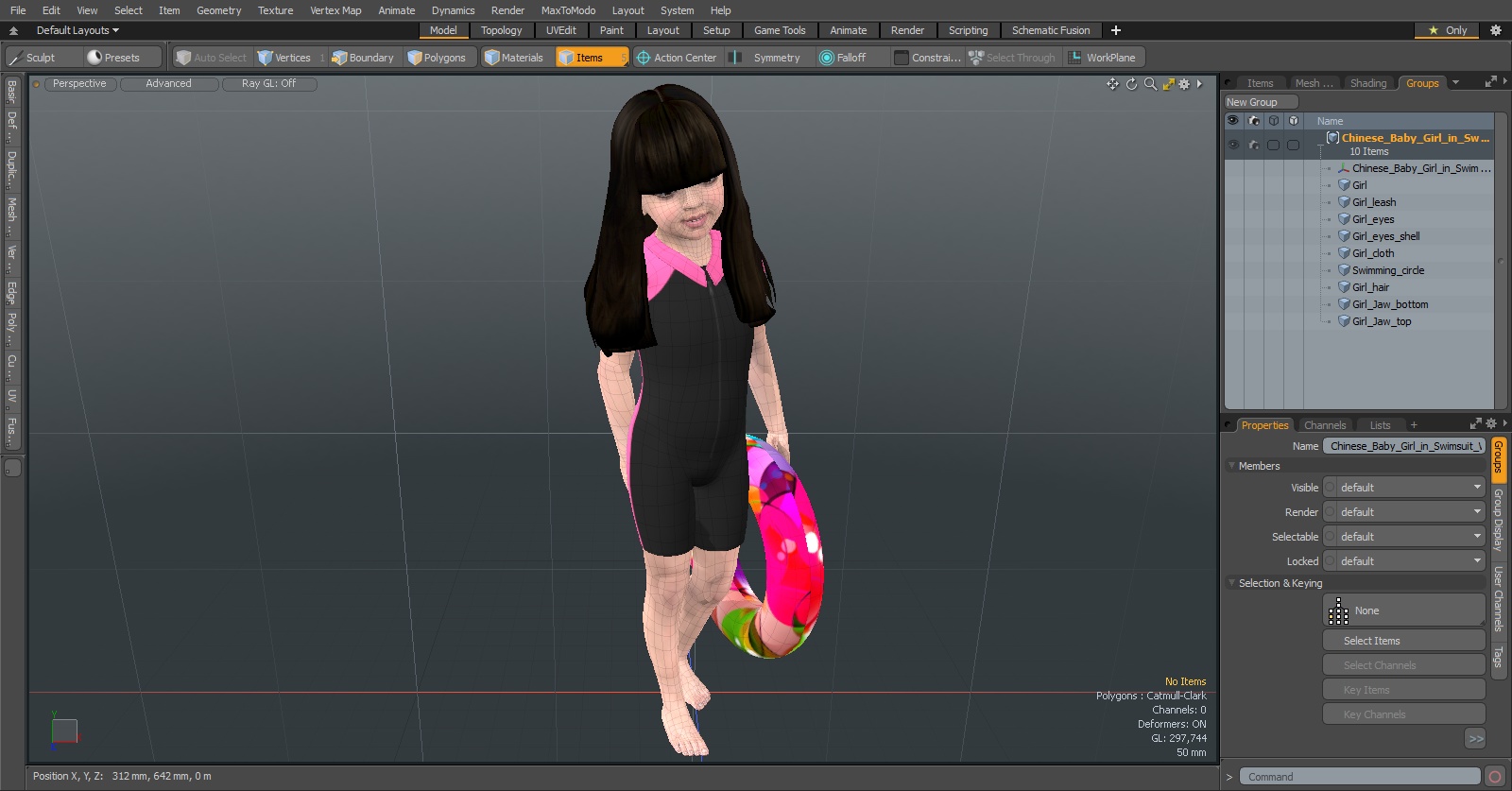 3D model Chinese Baby Girl in Swimsuit Walks with Inflatable Toy