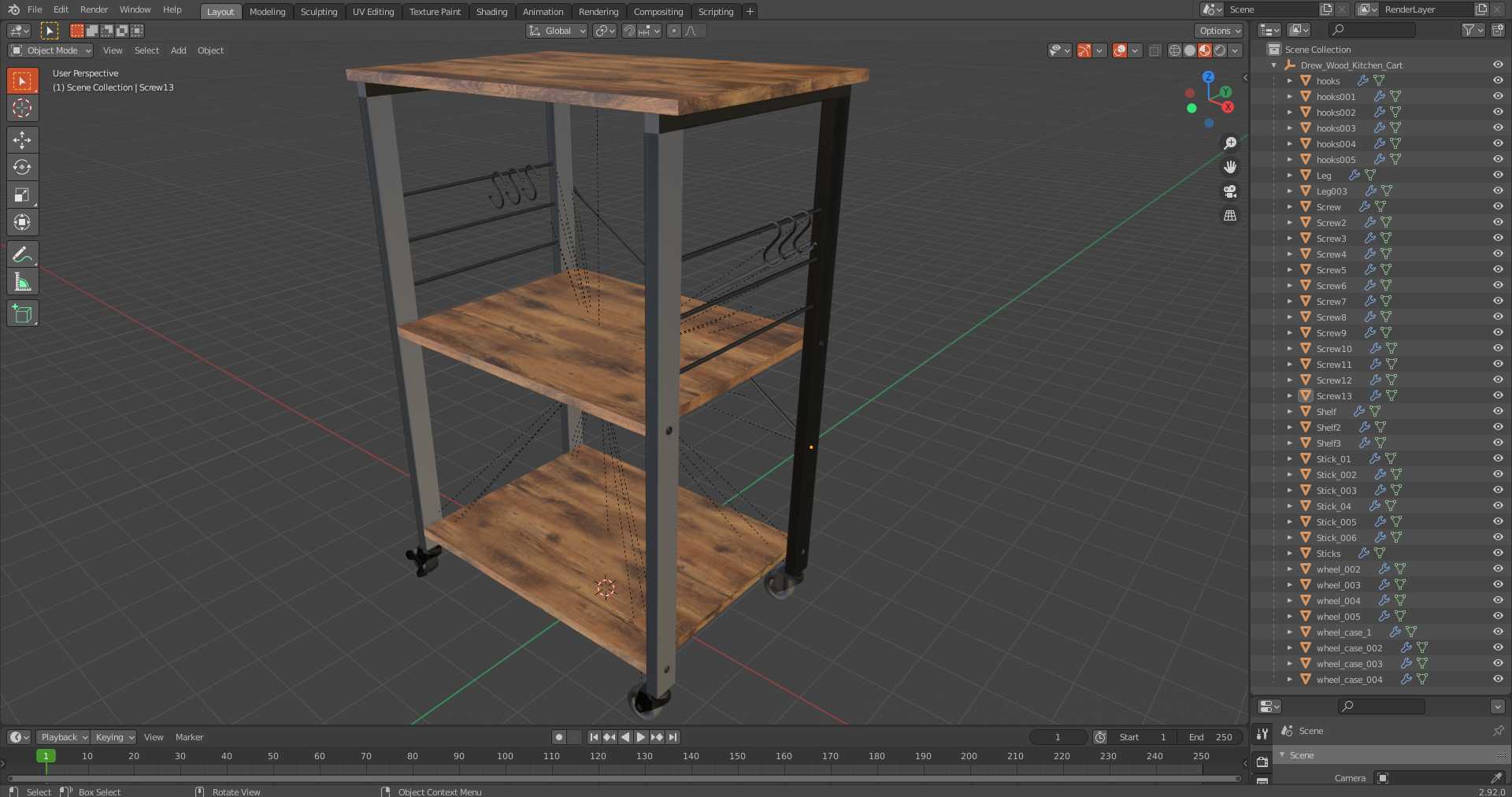 Drew Wood Kitchen Cart 3D