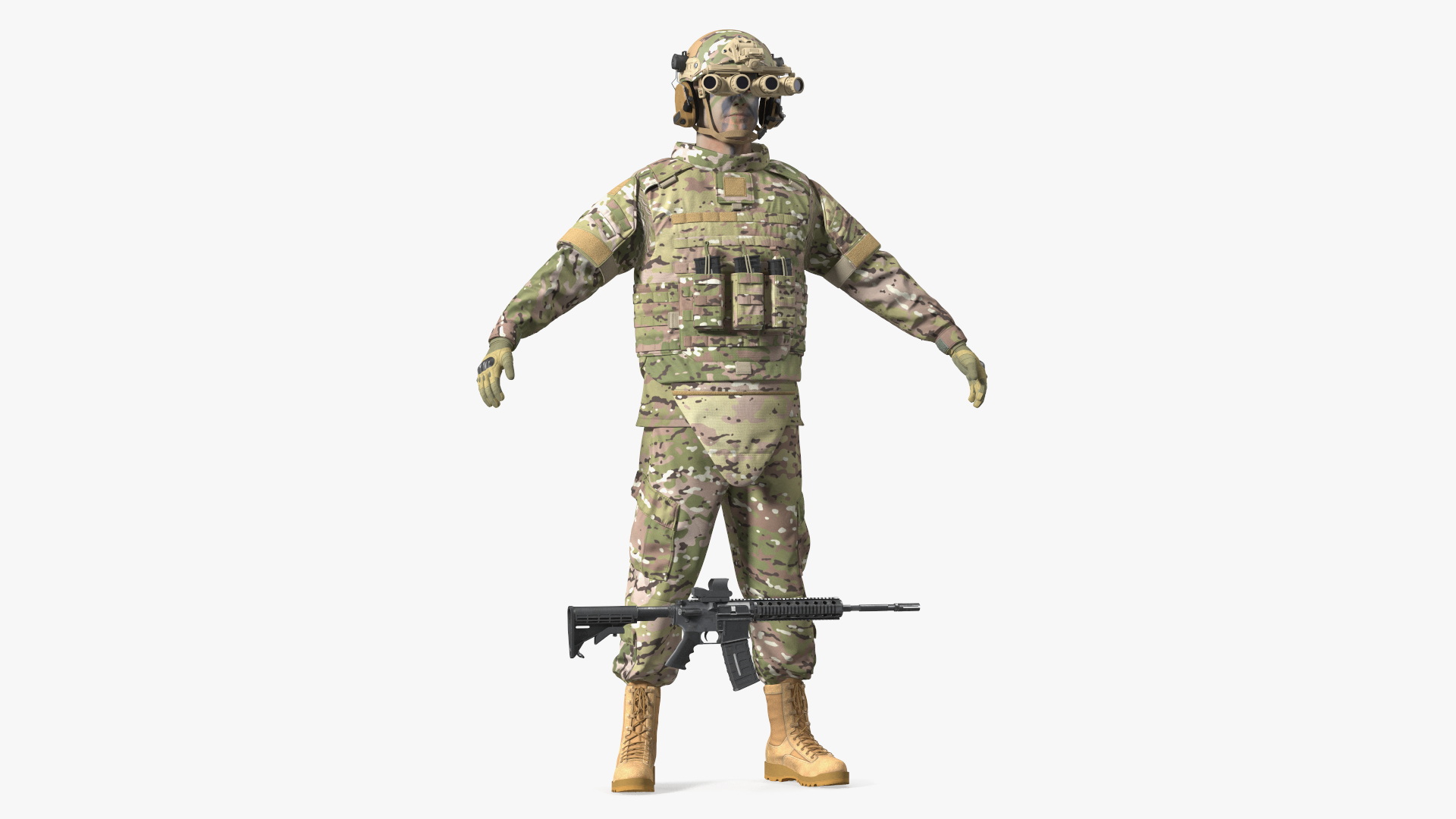 3D Military Soldier Green Camo with Night Visor A-pose