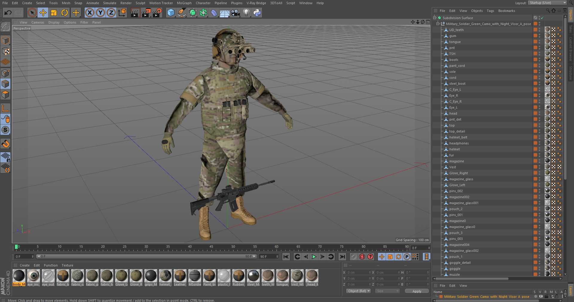 3D Military Soldier Green Camo with Night Visor A-pose