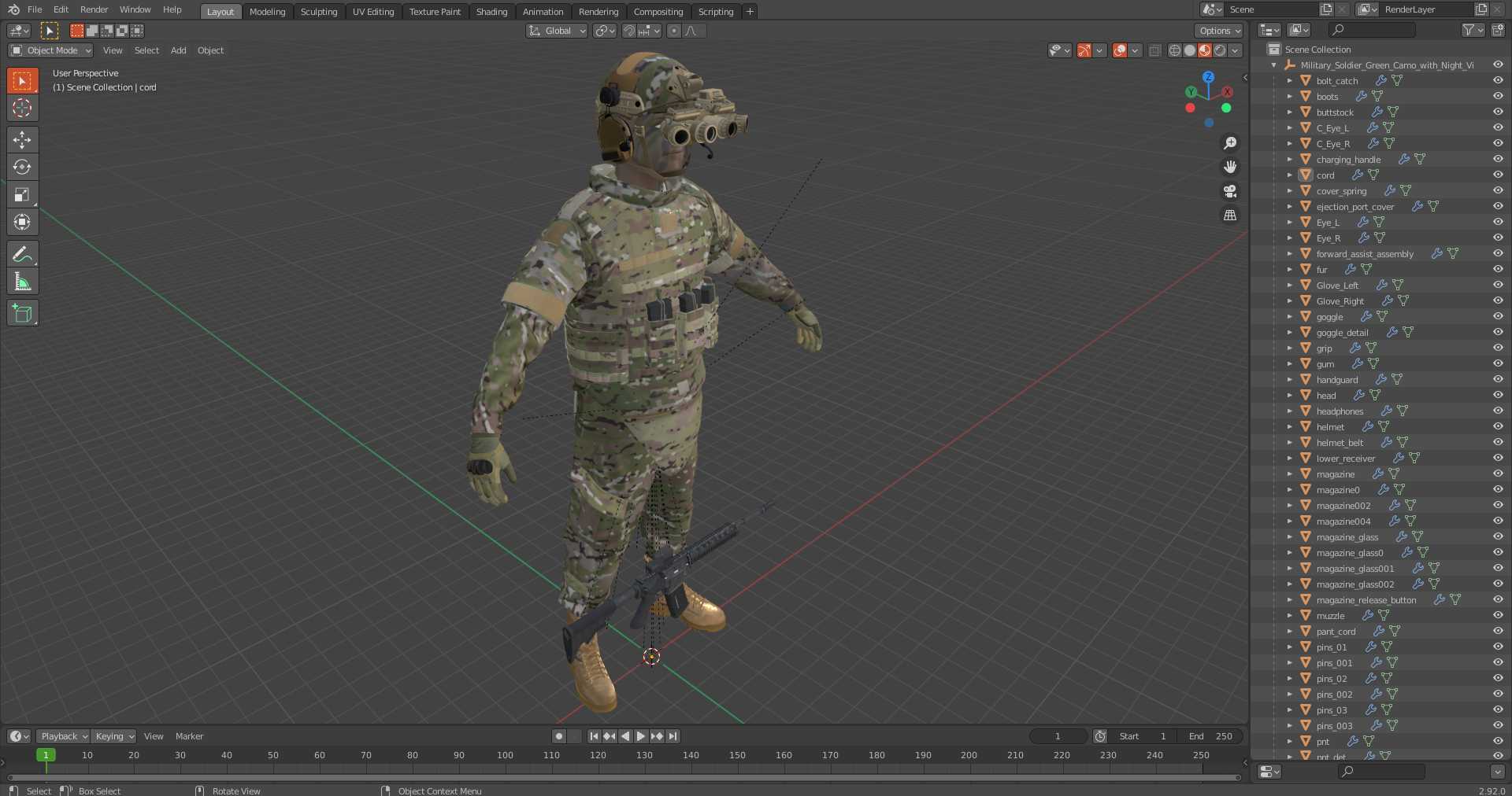 3D Military Soldier Green Camo with Night Visor A-pose