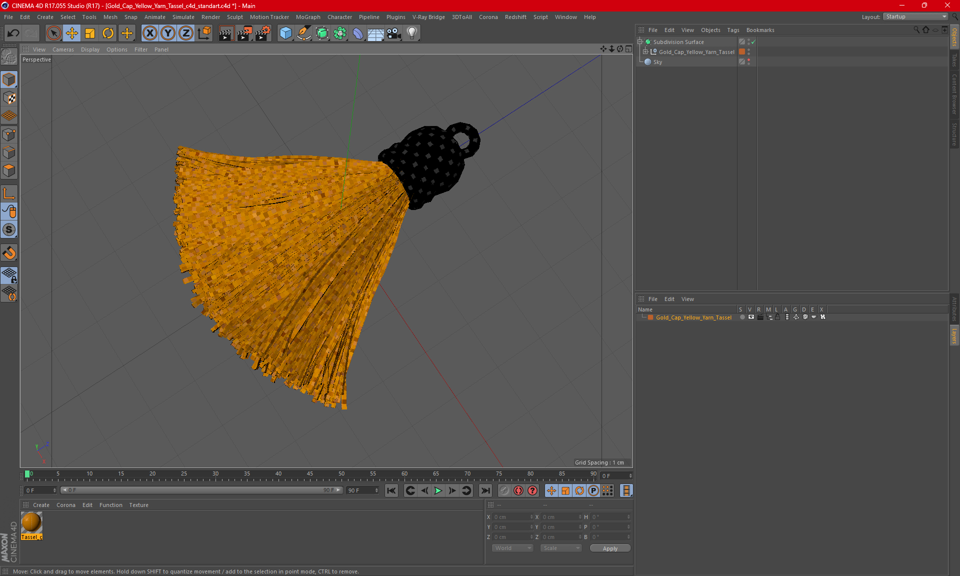 Gold Cap Yellow Yarn Tassel 3D