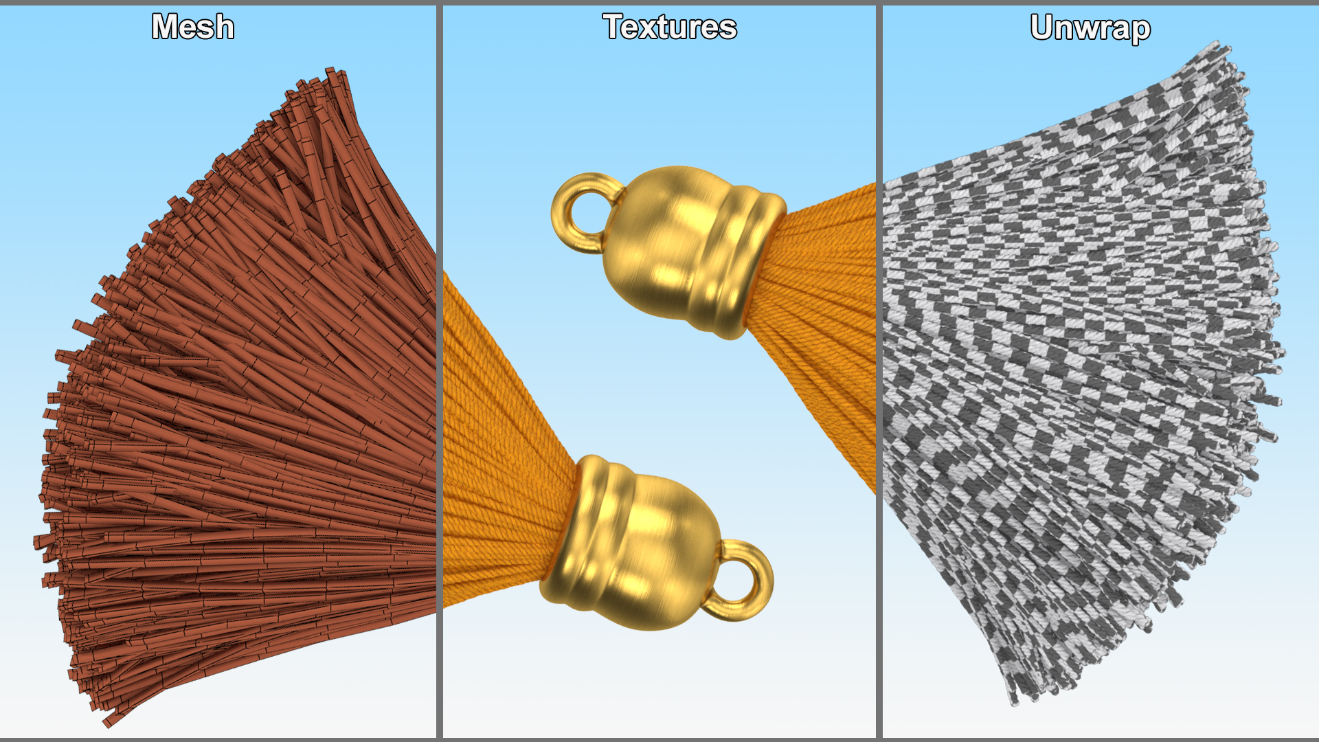 Gold Cap Yellow Yarn Tassel 3D