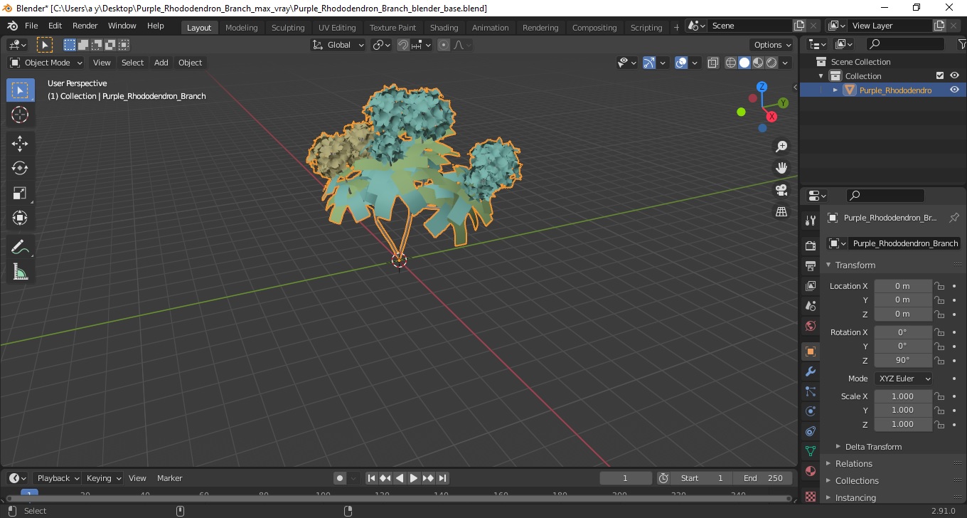 3D Purple Rhododendron Branch