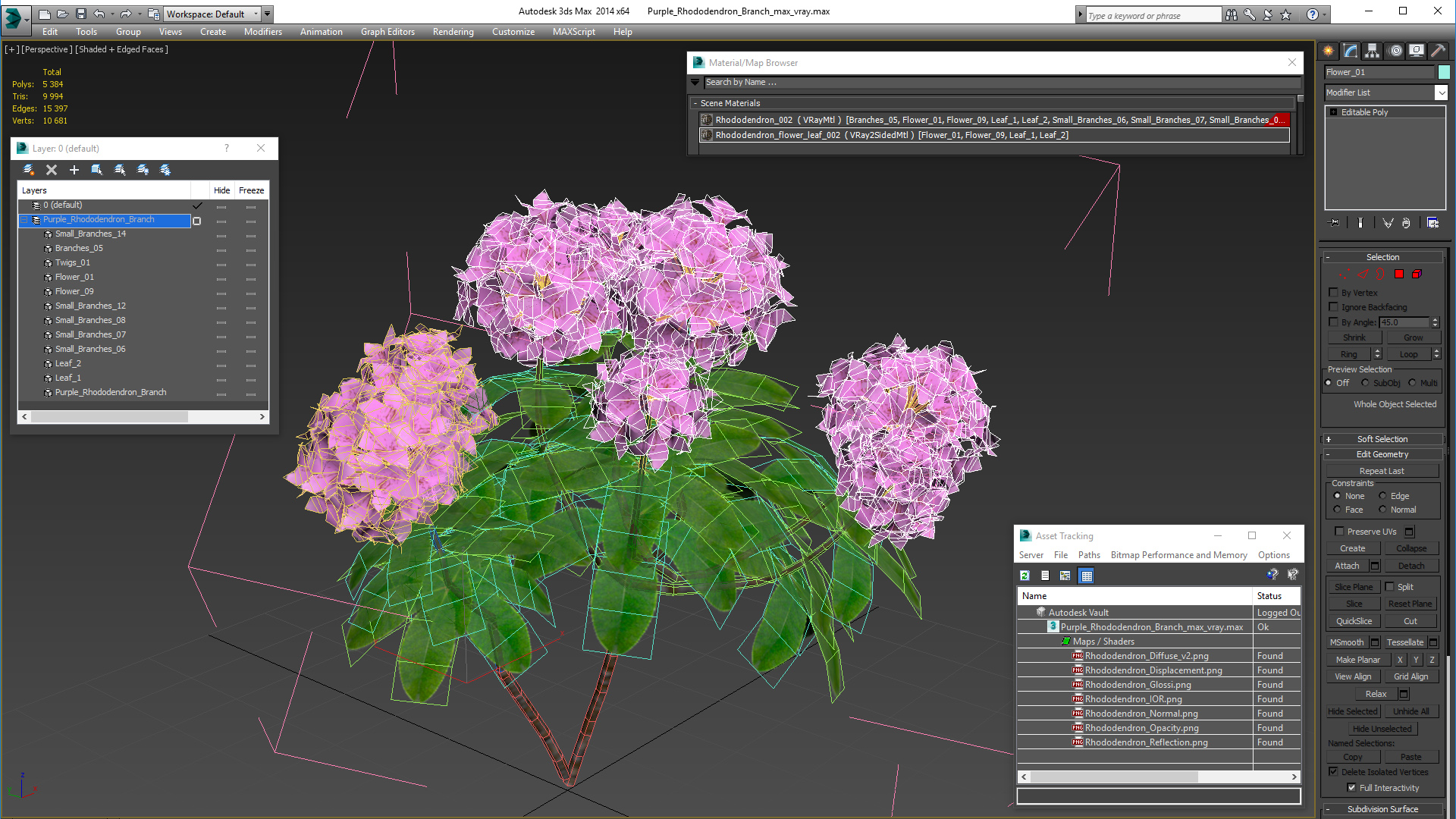 3D Purple Rhododendron Branch
